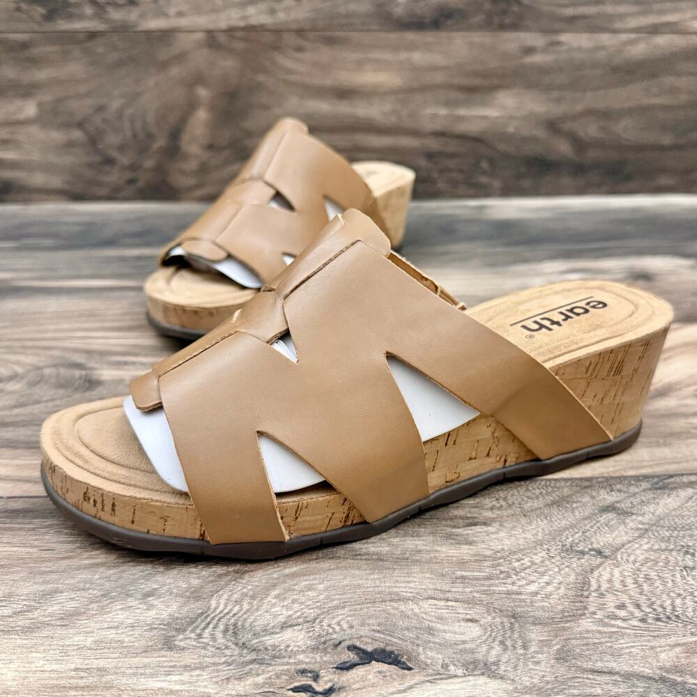 NIB Earth Willow 9M Leather Comfort Cork Wedge Slide Sandals Medium Brown - Picture 3 of 10